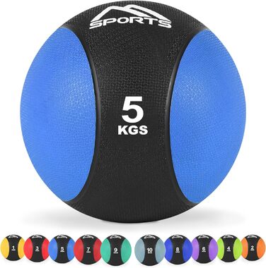 MSPORTS Медичний м'яч 5 кг, професійний, синій, для фітнесу та реабілітації, з постером вправ