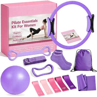 Набір для пілатесу та йоги для жінок-початківців Home Pilates & Yoga Starter Kit: м'яч для гімнастики 22.9 см, еластичні стрічки, кільце для пілатесу, ремені на щиколотки, фіолетовий