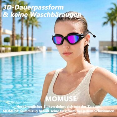 Окуляри для плавання MOMUSE дорослі, з UV-захистом, антифог, не чіпляють волосся, дзеркальні (чорно-лілові) для басейну, пляжу, тренувань