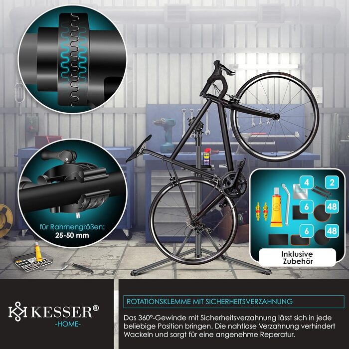 Підставка для велосипедів KESSER® Profi Alu: для ремонту та збирання гірських, електровелосипедів. 360° обертання, сумка, ремкомплект, магнітний органайзер для інструментів (антрацит)