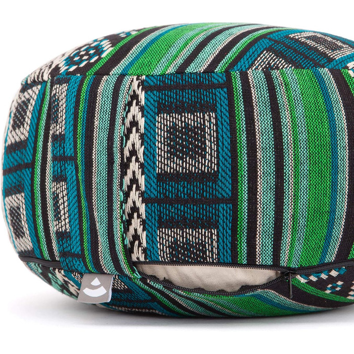 Медитаційна подушка Bodhi Rondo Ethno, кругла, з ручкою, знімний чохол з органічної бавовни, наповнювач - лузга спельти, чорно-біло-зелений візерунок, сидіння для йоги