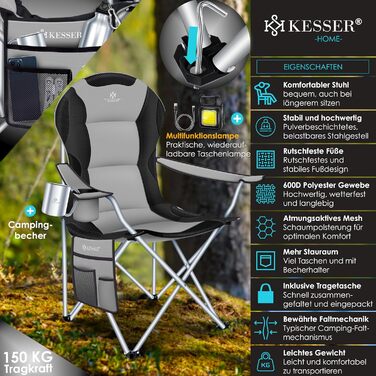 Крісло для кемпінгу KESSER® з підлокітниками, високою спинкою, місткістю до 150 кг, сіре/чорне, з підсвіткою та тримачем для напоїв
