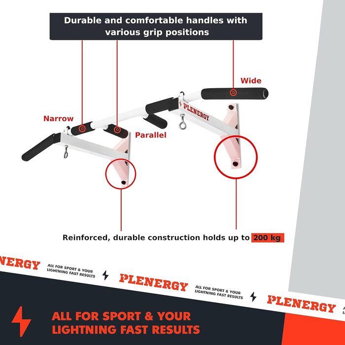 Турнік для стелі та стіни Plenergy S5, чорний, 6 нековзних ручок, комплект для монтажу