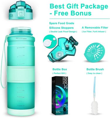 Спортивна пляшка ZORRI 503 мл, 1 л, 700 мл, 500 мл, 400 мл, BPA-Free, для води та газованих напоїв, без витоку, еко-пляшка для дітей, школи, спортзалу, фітнесу, велосипеда, м'ятно-зелений колір