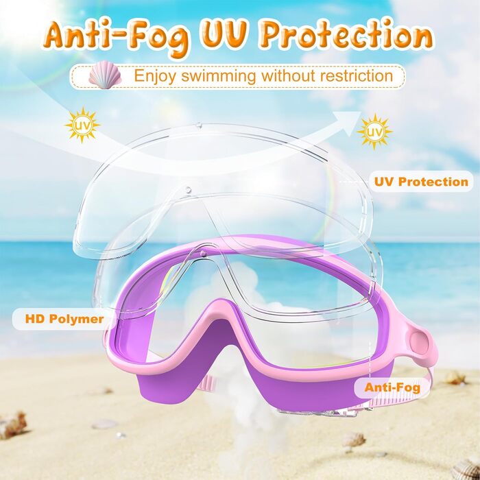 Дитячі окуляри для плавання VegoVia Kinder-Schwimmbrille (2 шт.): антифог, UV-захист, для хлопчиків та дівчаток 3-15 років, блакитні/дзеркальні та фіолетові/прозорі