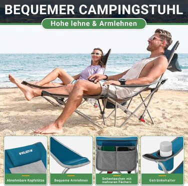 WEJOY Кемпінговий стільчик 2-в-1, складний, з регульованою спинкою та підставкою для ніг, розслаблюючий крісло-лежак з тримачем для напоїв, стільчик для риболовлі на відкритому повітрі, для кемпінгу, сітка, 1 шт., блакитний/сірий
