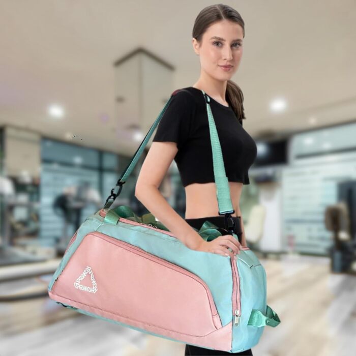 Спортивна сумка для жінок 45L з відділенням для взуття, мокрою сумкою, водонепроникна, для подорожей, спортзалу, басейну. Сумка-рюкзак для фітнесу, спорту, подорожей. Зелена/Рожева.