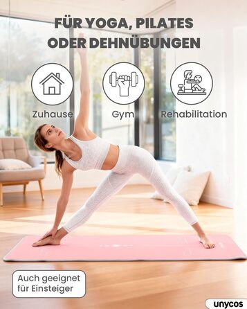 Килимок для йоги Unycos з нековзким покриттям | Щільність 6/10/15 мм, для гімнастики, з ременем для перенесення【вкл. E-Book】Фітнес-килимок для пілатесу, тренувань, гімнастики (#19 Рожевий + Сірий, 183*66*1 см)