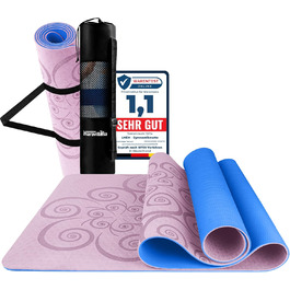 Килимок для гімнастики та йоги LA MENTE ES MARAVILLOSA з неслизькою поверхнею, сумкою та електронною книгою з вправ. Посилений, з TPE, 183x61 см (рожевий+синій)