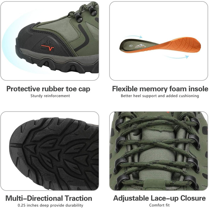 Чоловічі водонепроникні трекінгові черевики NORTIV - низькі, легкі, для хайкінгу, кемпінгу, туризму (44 EU, широка колодка, армійний зелений, чорний, помаранчевий)