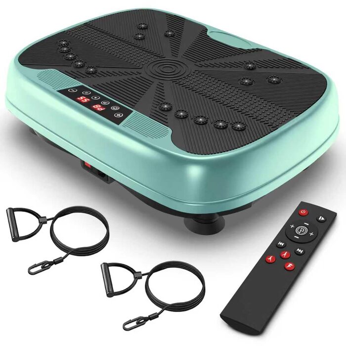 Віброплатформа для тренувань з магнітною терапією та Bluetooth | 99 рівнів швидкості, тренування всього тіла | Віброплатформа з еластичними стрічками та пультом керування для дому, для схуднення (Зелена)