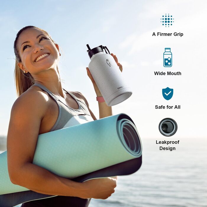 Термос пляшка Coolflask 2 л із нержавіючої сталі з трубочкою та 3 кришками, вакуумна ізоляція, спортивна пляшка для води, біла Starry White, 2000 мл, для спорту та подорожей