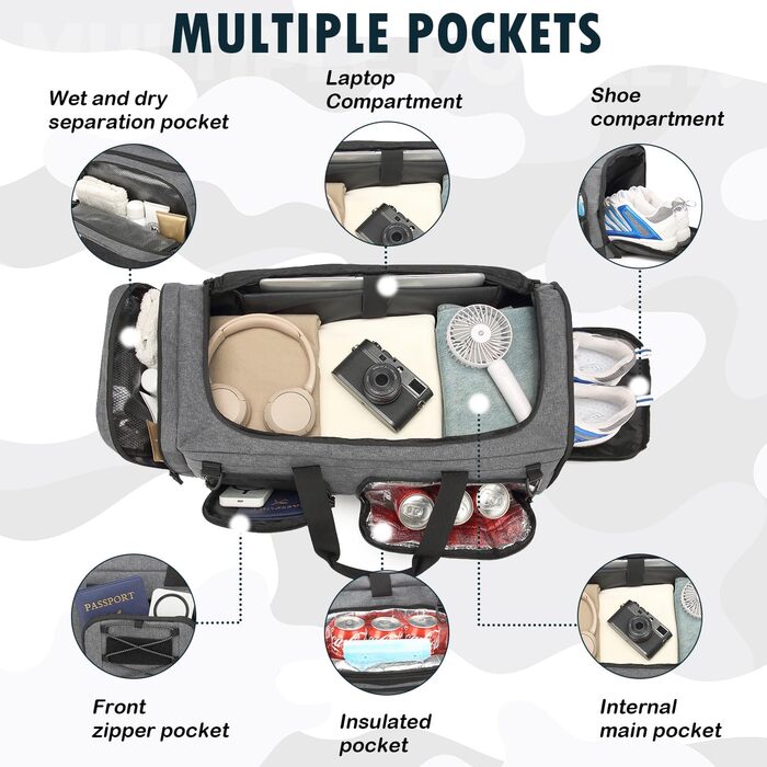 Спортивна сумка 50L для чоловіків 3-в-1 з відділенням для мокрого одягу та взуття, рюкзак, дорожня сумка, валіза ручної поклажі, сумка для тренувань, залу, плавання, подорожей (сіра)