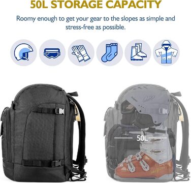 Рюкзак для гірськолижного спорядження Unigear 50/70L з кишенею для шолома, чорний, 50/70 літрів