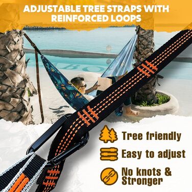 Гамак для кемпінгу NATUREFUN Ultraleicht | 300 кг, 275 x 140 см | Дихаючий, швидковисихаючий, нейлон | 2 карабіни, 2 петлі | Для відпочинку вдома, на природі, в саду