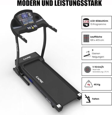 Бігова доріжка Care Fitness CT-705, електрична, складна, моторизований нахил 15 рівнів, 18 програм, сумісність з Kinomap