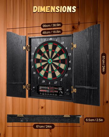 Електронний дартс Dartscheibe з шафою та 12 дротиками: Професійний E-дартс з дерев'яними дверцятами (Чорний)