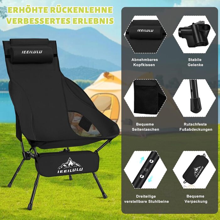 Складний туристичний стілець IEEILULU з високою спинкою, чорний. Макс. навантаження 130 кг, 2 кишені. Підходить для кемпінгу, риболовлі, пікніків та відпочинку на природі.