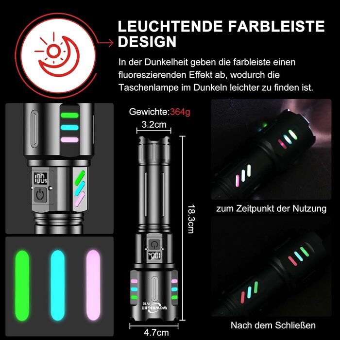 Ліхтарик WOWNIGHT LED акумуляторний, тактичний, 5 режимів, регулювання яскравості, для кемпінгу та надзвичайних ситуацій, чорний