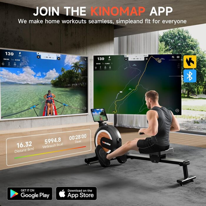 Гребний тренажер Wenoker з магнітним опором, для дому, 32 рівні навантаження, LCD-монітор, 160 кг, з мобільною APP