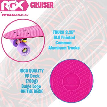 Скейтборд WeLLIFE Mini Cruiser RGX 56 см рожевий, PU 78A, ABEC-7RS, для підлітків і дорослих