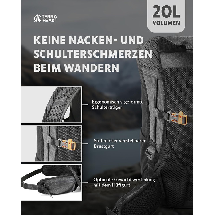 Рюкзак Terra Peak для походів 20 л, чорний, вентильована спинка, тримач для питної системи, дощовик, з поясом на стегнах, для одноденних турів, міський та трекінговий рюкзак