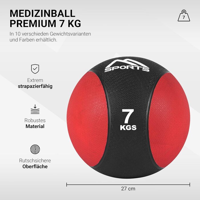 MSPORTS Медичний м'яч 7 кг червоний – професійна студійна якість, з постером вправ, гімнастичний м'яч для фітнесу