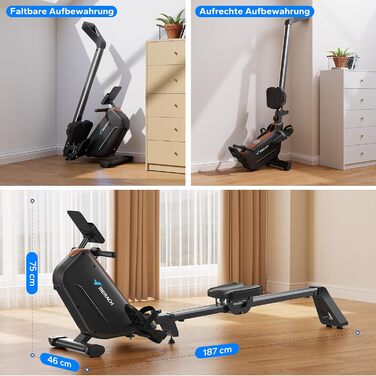 Гребний тренажер MERACH для дому, складаний, магнітний, тихий, з додатком, подовжені направляючі, електричне налаштування (самостійно)