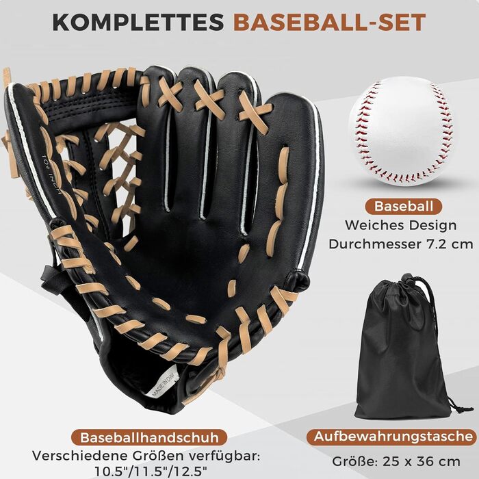 Рукавиця для бейсболу та софтболу з м'ячем, дитяча та доросла, з потовщеним матеріалом, для тренувань та змагань (Чорно-коричнева, 11.5 дюймів)