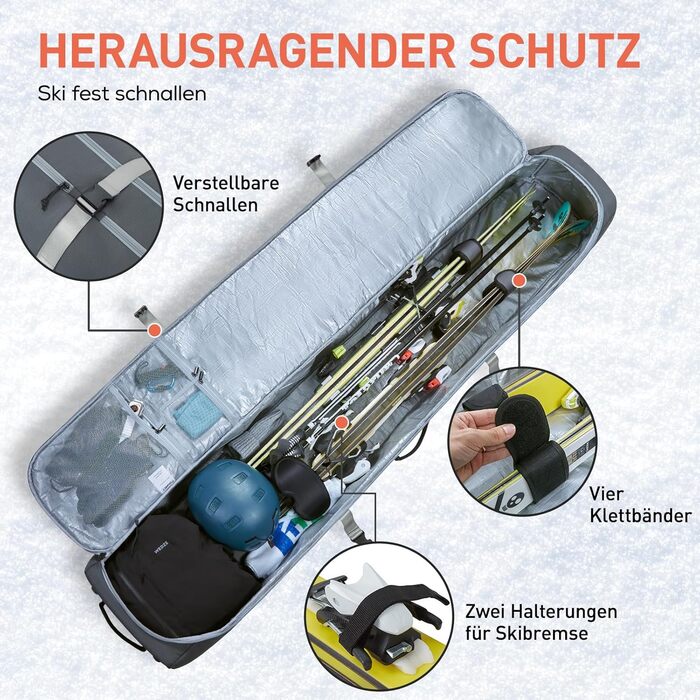 TOURIT Набір для перевезення лиж та черевиків: валіза для лиж на 2 пари (195 см), водонепроникний матеріал 900D Oxford, з колесами, сірий