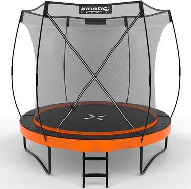 Трамплін KINETIC SPORTS Ultimate Pro Outdoor Ø 244/305/366/427 см – сертифікат TÜV Rheinland GS, з драбиною, скловолоконна сітка, дизайн 'Курча', для саду, до 160 кг (Sunset Orange)