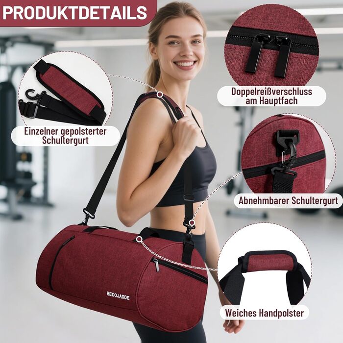 Спортивна сумка 25L для жінок та чоловіків з відділенням для взуття та мокрих речей, водонепроникна, для подорожей, спортзалу, плавання, червона