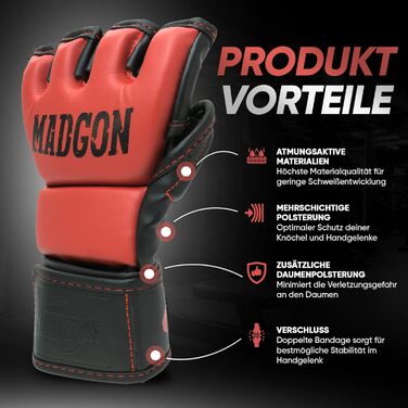 Преміум рукавички MADGON для MMA, греплінгу, спарингу, крав мага, муай-тай, боксу, універсальні, чорні/червоні, S, для чоловіків і жінок