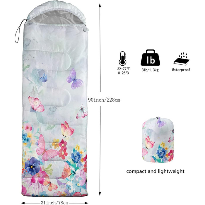 Спальний мішок HOSIMA з принтом футболу, для холодного клімату, дорослий, дитячий, водонепроникний, для кемпінгу, піших прогулянок, подорожей, полювання, компресійний мішок (квіти)