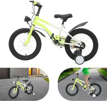 Дитячий велосипед 16 дюймів для хлопчиків та дівчаток, сталевий, 5-8 років, з додатковими колесами та регулюванням висоти (Жовтий+LED-лампа)