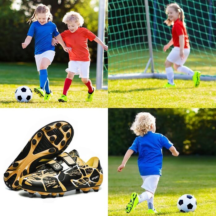Дитячі футбольні бутси для хлопчиків та дівчаток, бутси для тренувань на штучному газоні, спортивне взуття, шипи, унісекс, 35 EU, чорний/золотий