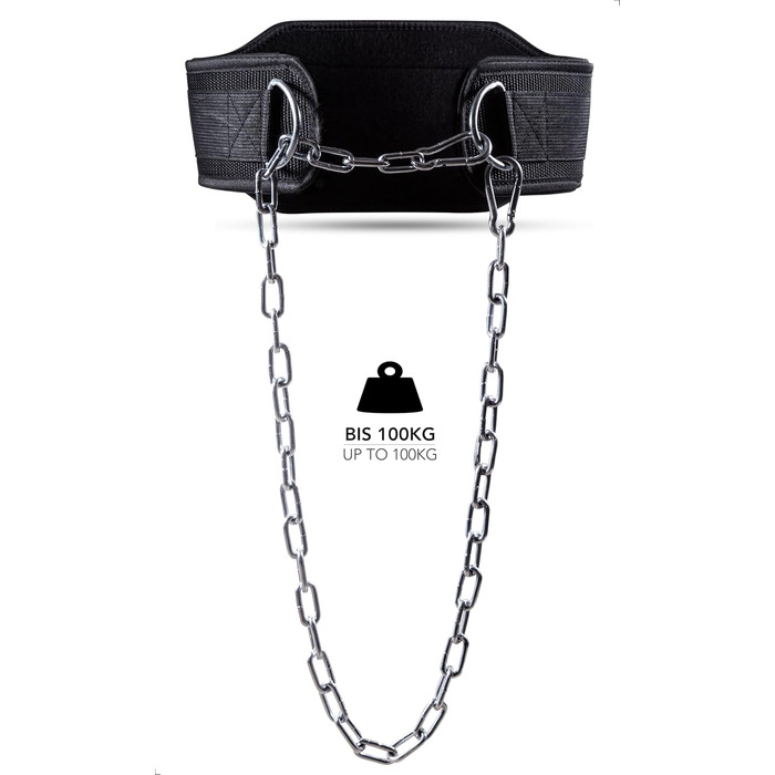 Пояс для підтягувань Fitgriff® з ланцюгом та 2 карабінами, для бодібілдингу, силових тренувань, важкої атлетики - пояс для важкої атлетики, чорний, універсальний розмір