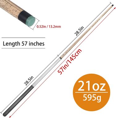 Kmise Професійний бильк для більярдного снукера - 21 oz, професійний бильк для розбиття з наконечником 13 мм, 2-секційний, для різних видів більярдного спорту