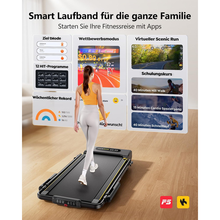 Бігова доріжка 6-в-1 для дому: Walking Pad зі схилом до 10%, швидкість 12 км/год, складана, LED-дисплей, 2.5 к.с., до 136 кг, пульт ДУ, додаток, чорно-жовта, 124.5x71.6x11.5 см