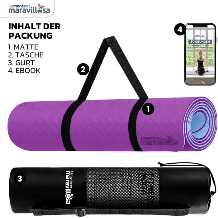 Килимок для гімнастики та йоги LA MENTE ES MARAVILLOSA, антиковзаючий, TPE, 183x61 см, з сумкою та інструкцією, для фітнесу, пілатесу, захист суглобів, фіолетовий + синій
