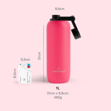 Термос пляшка waterdrop® 1 л, ізольована нержавіюча сталь, 24 год холоду / 12 год тепла, не протікає, ударостійка, з кришкою Swing, неонова рожева