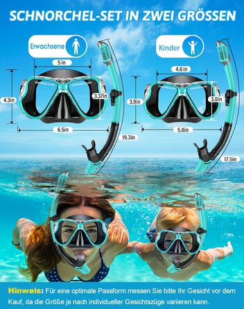 Schnorchel Set для дорослих QcoQce: сухий сноркeль, маска з жорсткого скла, панорамний огляд, антизапар, антивитік