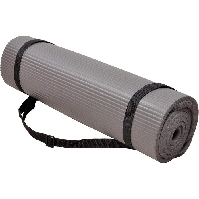 Килимок для йоги BalanceFrom GoYoga+ 1/2 дюйма, високої щільності, проти розривів, з ремінцем і підкладкою для колін, сірий