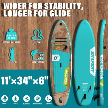 Надувне SUP-борд AKSPORT: комплект з аксесуарами, широка стійка платформа, антиковзне покриття, для підлітків та дорослих (Mintgreen)