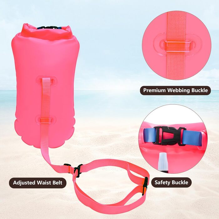 Надувна плавуча шийка (боя) 20L для дорослих та дітей, водонепроникний мішок, рожева. Безпека у відкритій воді та для триатлону.