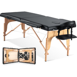 Складаний мобільний масажний стіл BODIOO з дерев'яними ніжками, 2 зони, регульована висота, до 250 кг, чорний