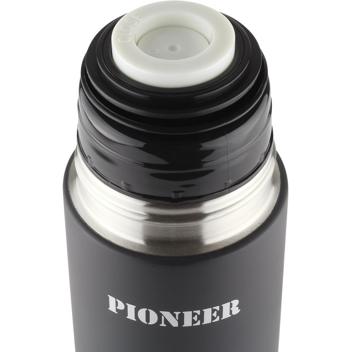 Термос Pioneer 1 л з нержавіючої сталі, вакуумний, з кнопкою та чашкою, 8 годин гаряче, 24 години холодне, 100% герметичний, BPA Free, чорний