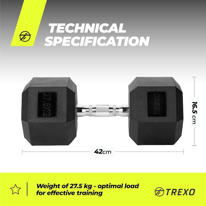 Гантель TREXO Hex 27,5 кг, гексагональна, гумова, чавун, для силових тренувань, ергономічна ручка, універсальна, домашній спортзал