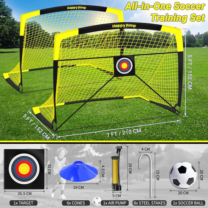 Ворота для футболу Happy Jump Pop-Up – складані, для дітей та дорослих | 1 або 2 ворота: 120x90 / 152x110 / 213x152 см | З м'ячем, насосом, конусами та мішенню | Для саду та подарунка
