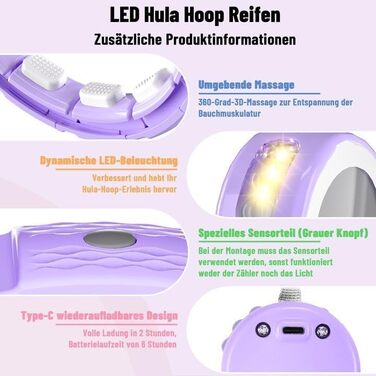 Смарт хулахуп Cozylady для дорослих з LED-підсвіткою, 121 см, із вагою, тихий і міцний, для схуднення, фіолетовий